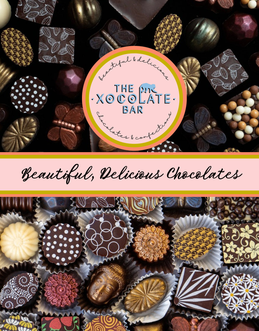 The Xocolate Bar's colorful 2025 catalog cover featuring handmade chocolates