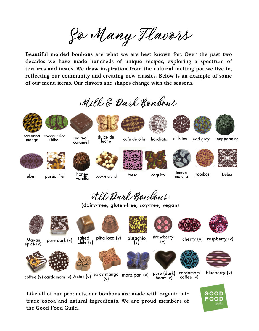 An illustrated array of The Xocolate Bar's bonbon flavors